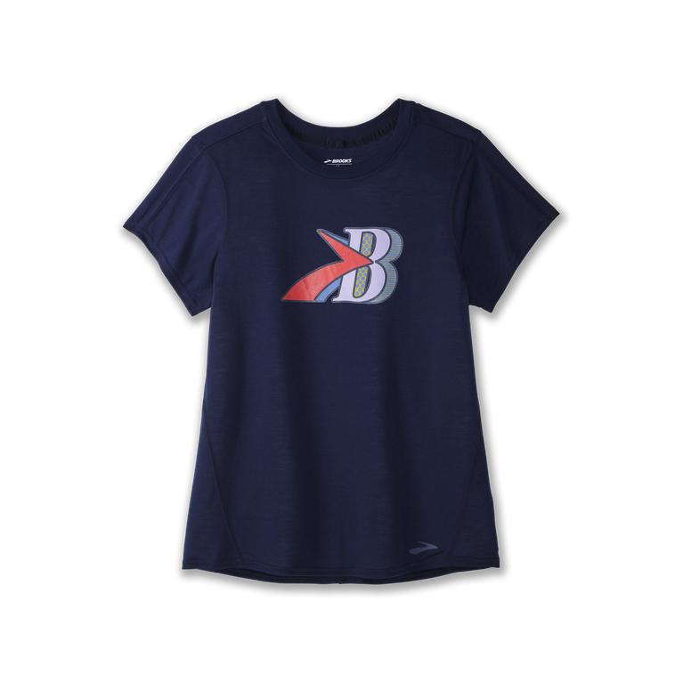 Brooks Women's DISTANCE GRAPHIC Short Sleeve Running Shirt - Navy/B - Canada (DYWEJ-2387)